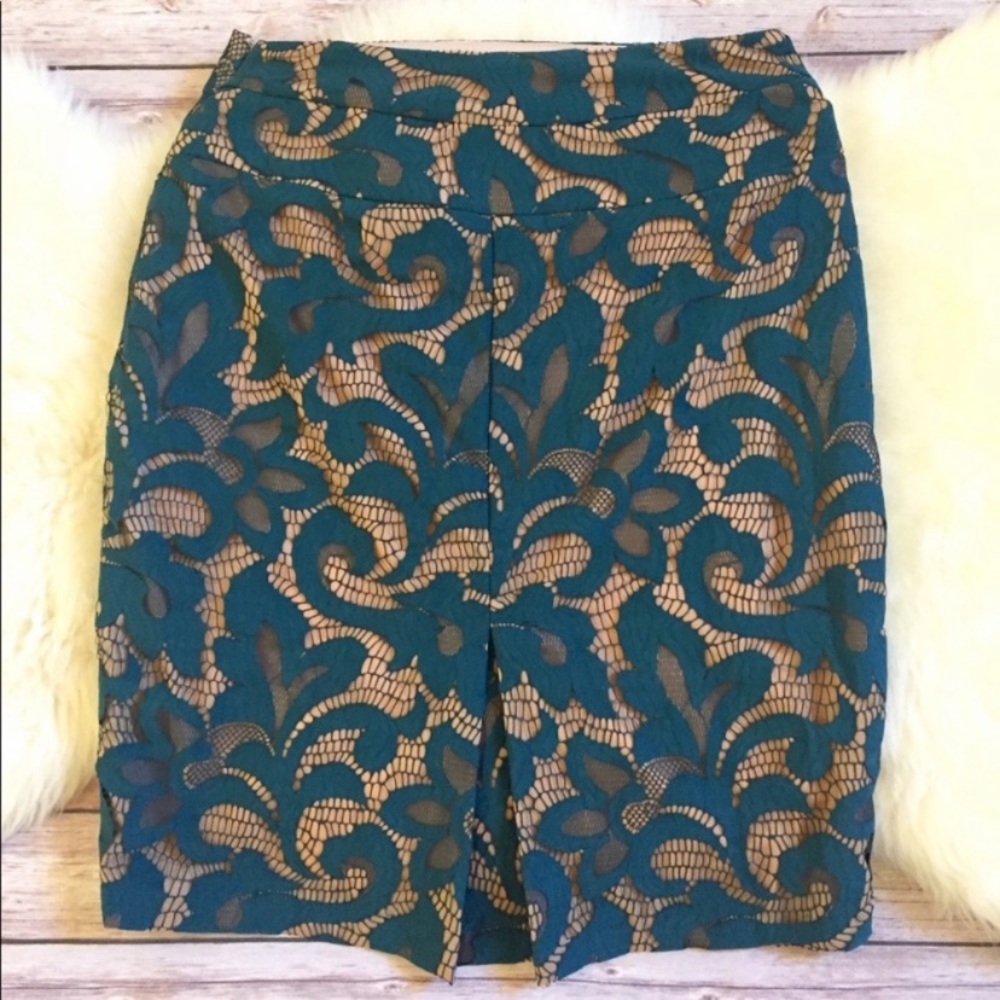 Anthropologie Eva Franco Teal Lace Pencil Skirt - Picture 2 of 5